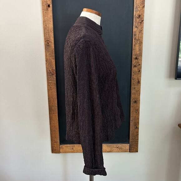 Vintage Chicos Crinkle Mandarin Collar Jacket S Brown Open Front Y2K Textured - Picture 8 of 9